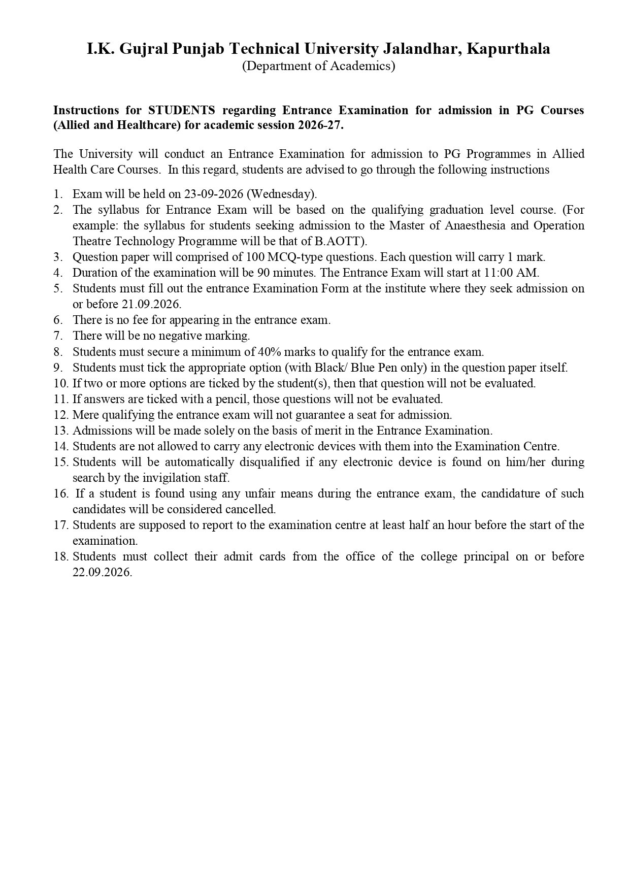 Instructions for Students