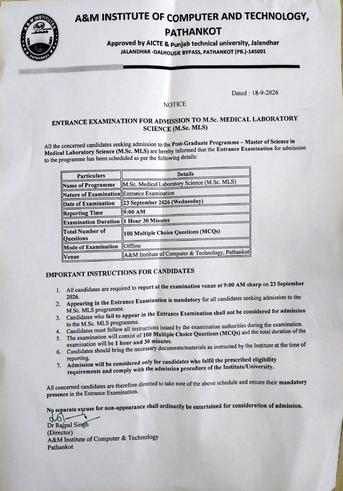 M.Sc. MLS Notice Page 2
